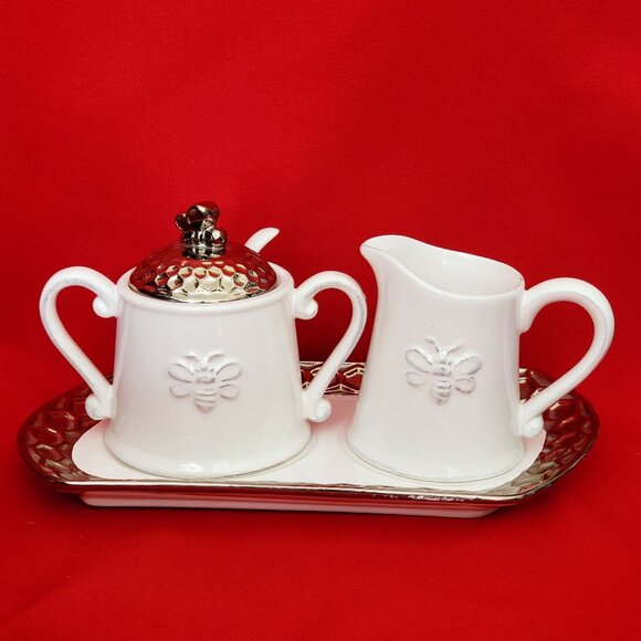 Honeycomb Bee Hive Creamer Pitcher Sugar Serving Spoon Set with Tray White Porce - Picture 1 of 12